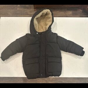 Black Hooded Puffer Jacket with Sherpa Lining